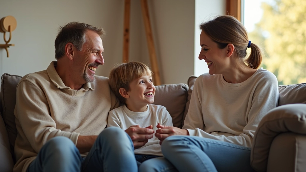 Familie sitzt entspannt zusammen im Wohnzimmer, lacht und spricht miteinander, warme Atmosphäre