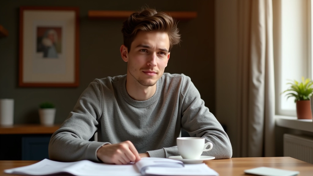 Person sitzt nachdenklich am Schreibtisch mit Rechnungen und Kaffee, warmes Licht