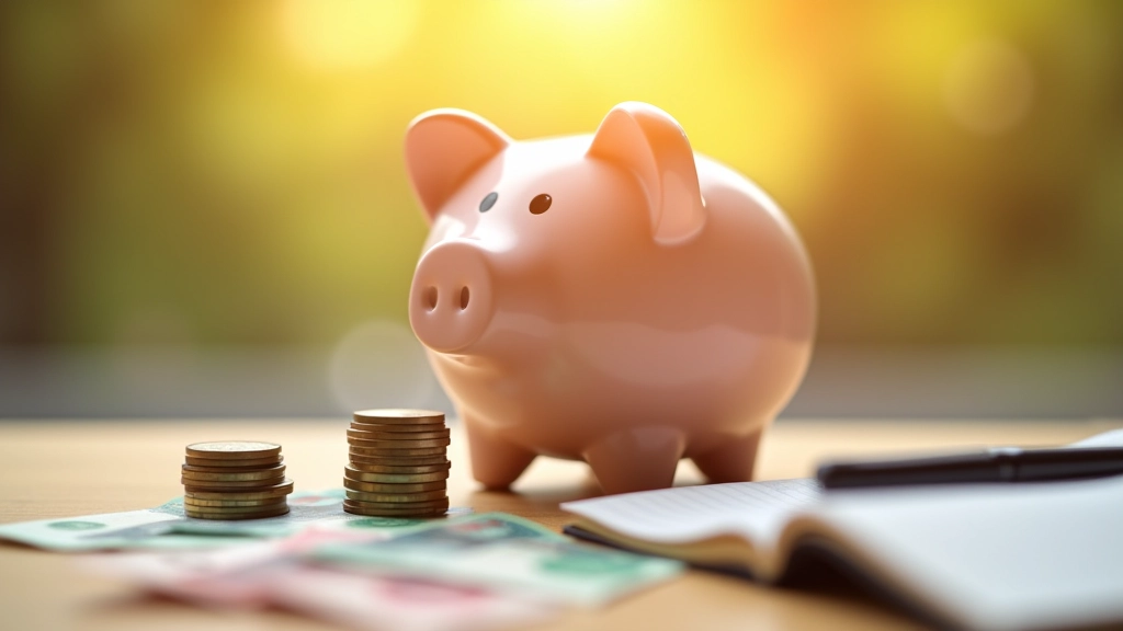 Sparbüchse mit Münzen und Geldscheine auf Holztisch, Notizbuch daneben