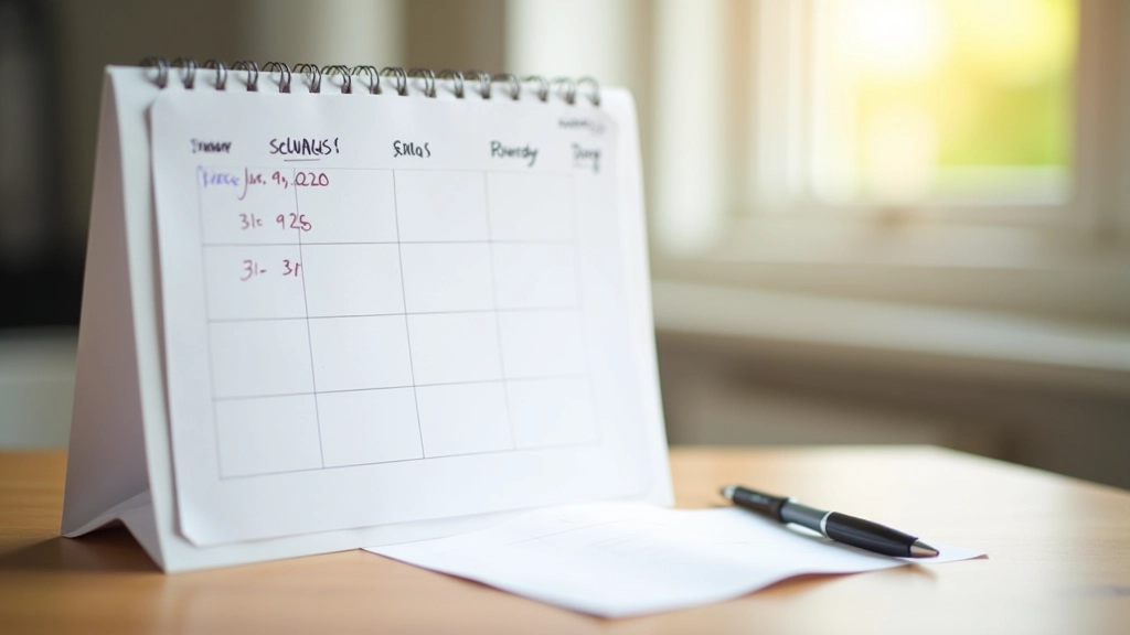 Kalender an Wand mit markierten Spardaten und Notizen, Stift liegt daneben auf Holztisch